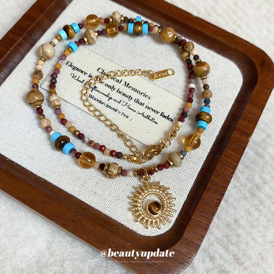 CPA-Stainless Steel Natural Stone Bead Sunflower Beaded Necklace New Style Vintage Clavicle Chain Light Luxury High-End Jewelry - 鈦鋼-金色. - 查看 1