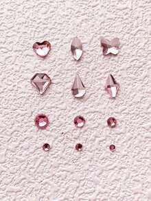 12 Pink Crystal Nail Art Grids, Rhinestones For Nail Art With Mixed Shiny Varied Shapes Along With Sparkling Rhinestone Polished Nail Charms, DIY Manicure Accessories For Nail Nails Nail Supplies Nail Gems - 粉色 - 查看 3