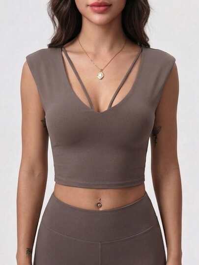 Never me Women's Solid Color Sleeveless Slim Fit Short V-Neck Stretchy Sports T-Shirt, Comfortable For Daily Casual, Running And Workout