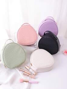 1 pieza Bolsa de maquillaje ovalada de PU de unicolor, organizador de viaje funcional y resistente al agua con compartimentos para brochas de maquillaje - Multicolor - Ver 4