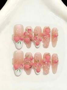 10片长椭圆形手工美甲贴片，适合派对和日常佩戴，粉色系美甲贴片，粉色蝴蝶结美甲贴片，3D草莓玫瑰珍珠温柔少女风美甲贴片，闪亮耀眼，易于佩戴。10片Y2K风格手工美甲贴片，夏季美甲贴片，适合女孩和女士参加节日派对和日常佩戴。适合夏季。 - 粉色 - 查看 10