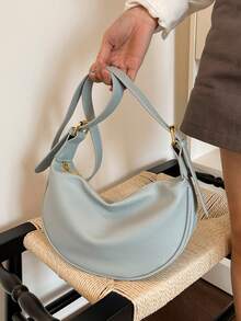 New Fashion Women's Solid Color Minimalist Shoulder Bag, PU Leather, Suitable For Dates, Shopping, Versatile And Exquisite - Blue - View 8
