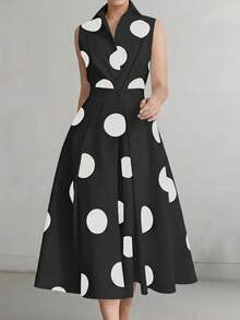 2025春秋新款休闲时尚通勤简约波点V领长款喇叭纽扣连衣裙，适合女性，秋季，秋装，女士秋季连衣裙，女士秋季套装，秋季服装，商务休闲女装，商务休闲，复古女装，复古服装，商务休闲女装，女士办公室套装，女士职业装，优雅夏季 - 黑與白 - 查看 3