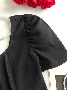 Black Square Neck Petal Sleeve Cinched Waist Top - Black - View 2