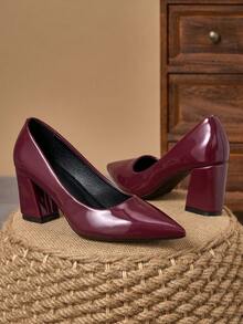MonaNise Women's Pointed Toe Fashion 7cm Chunky High Heel Shoes, Versatile For Parties, Casual And Formal Occasions - Burgundy - View 3