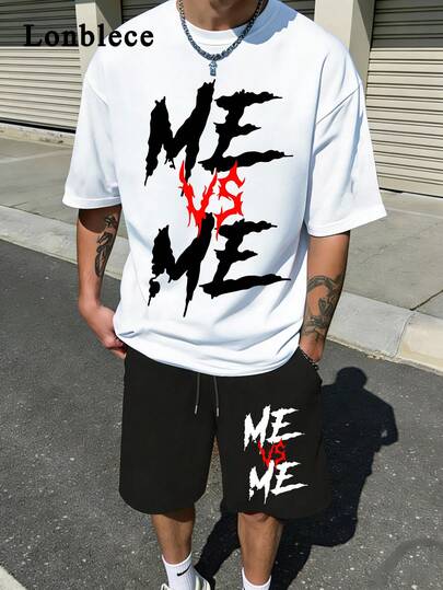 Bộ quần short tay ngắn in họa tiết "ME VS ME" của American Streetwear, kiểu dáng rộng rãi, thoải mái, gồm 2 mảnh, thích hợp cho mùa hè.