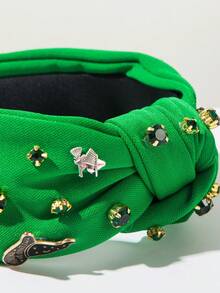 1pc Solid Color Fabric Knotted Wide-Brimmed Headband, Korean Style Creative Rhinestone Bow Crown Hat Accessory, Decorative Headpiece, Summer, Hair, Holiday - Green - View 4
