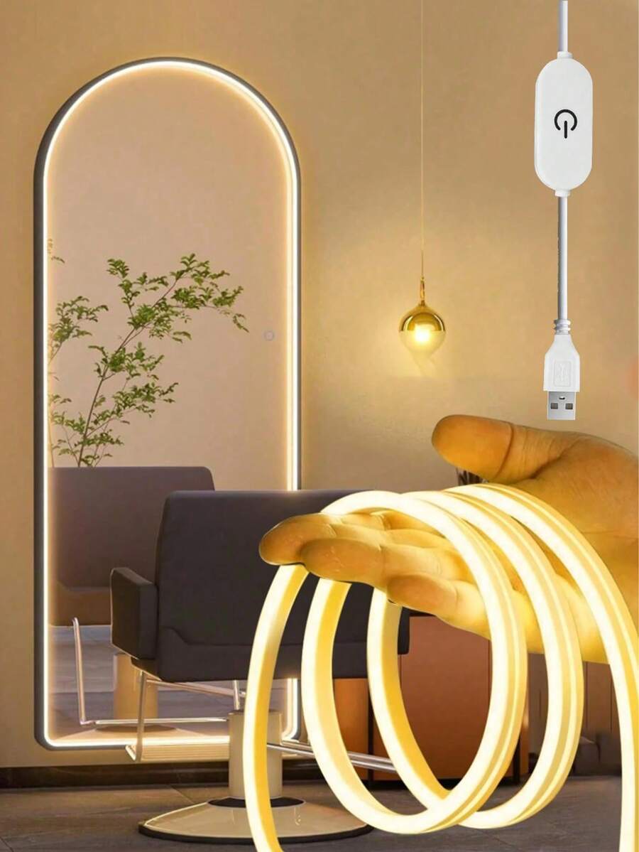 1 m/2 m/3 mètres/4 m/5 m Bande lumineuse décorative LED Néon flexible USB, éclairage ambiant gradable, alimenté par USB, convient pour l'éclairage domestique intelligent, ambiance blanc chaud, technologie de gradation intelligente, bande lumineuse ambiante flexible et gradable pour maquillage en direct, miroir, éclairage de miroir de salle de bain, gradation tactile