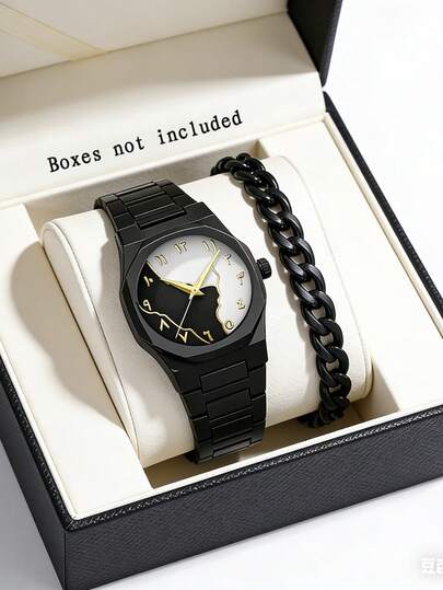 一套黑色商务设计石英腕表及手链，适合青少年佩戴，八角形表盘，树脂表带及表壳，金属表扣，指针式显示，是送给他的最佳生日/圣诞礼物，适合休闲、派对、日常佩戴。