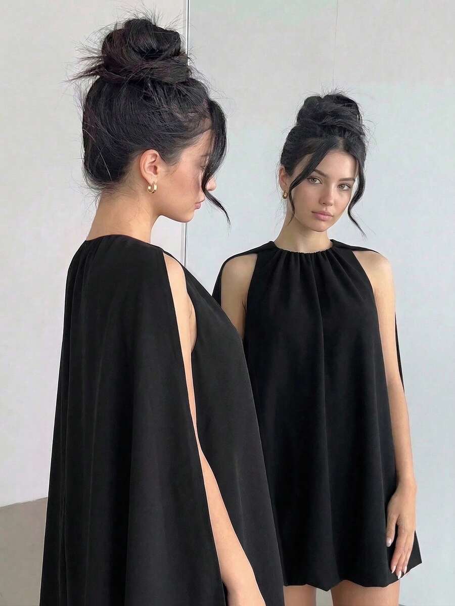 欧美春夏新款时尚梭织面料女式修身无袖圆领迷你连衣裙，不对称下摆，优雅派对风半裙