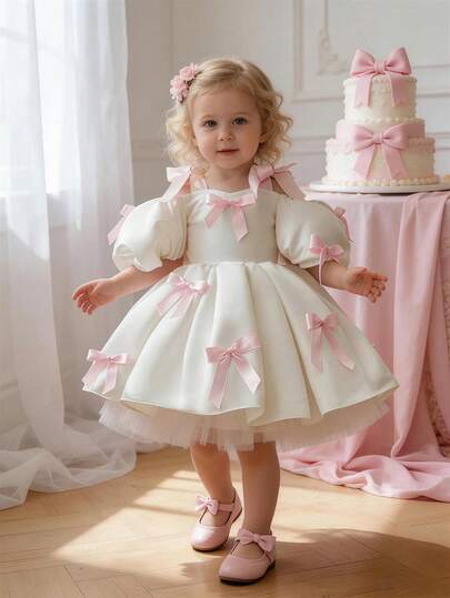 Baby Girls' Spaghetti Strap Bow Ruffle Sleeve Princess Dress, Suitable For Birthday Party, Flower Girl, Wedding, Prom, Holiday Celebration