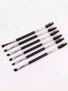 6 piezas Brochas de maquillaje multifuncionales de doble punta, Brocha delineador de ojos, Brocha de cejas, Brocha de pestañas - Negro - Ver 6