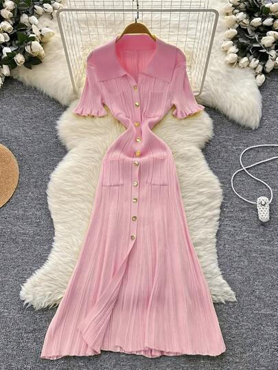 Elegant Casual Women's Knit Dress, Fashion Office Commuter Outfit, Slim Fit Graceful Knit Dress With Lapel, Ruffle Cuffs, Women's Street Style Clothing, Suitable For Formal Evenings, Parties, Dates, Weddings, Birthdays Pink Spring