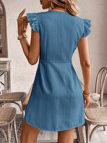 1pc Solid Color Elegant Casual Woven Fabric Button Decor Dress, Suitable For Evening Date And Daily Wear, Spring/Summer - Blue - View 2