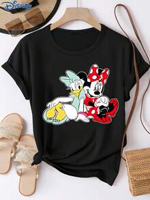 Disney 一件女士短袖T恤，米妮和黛丝鸭图案印花，圆领，弹力面料，易于打理，适合日常穿着，时尚女士短袖T恤，休闲服饰 - 黑色 - 查看 1