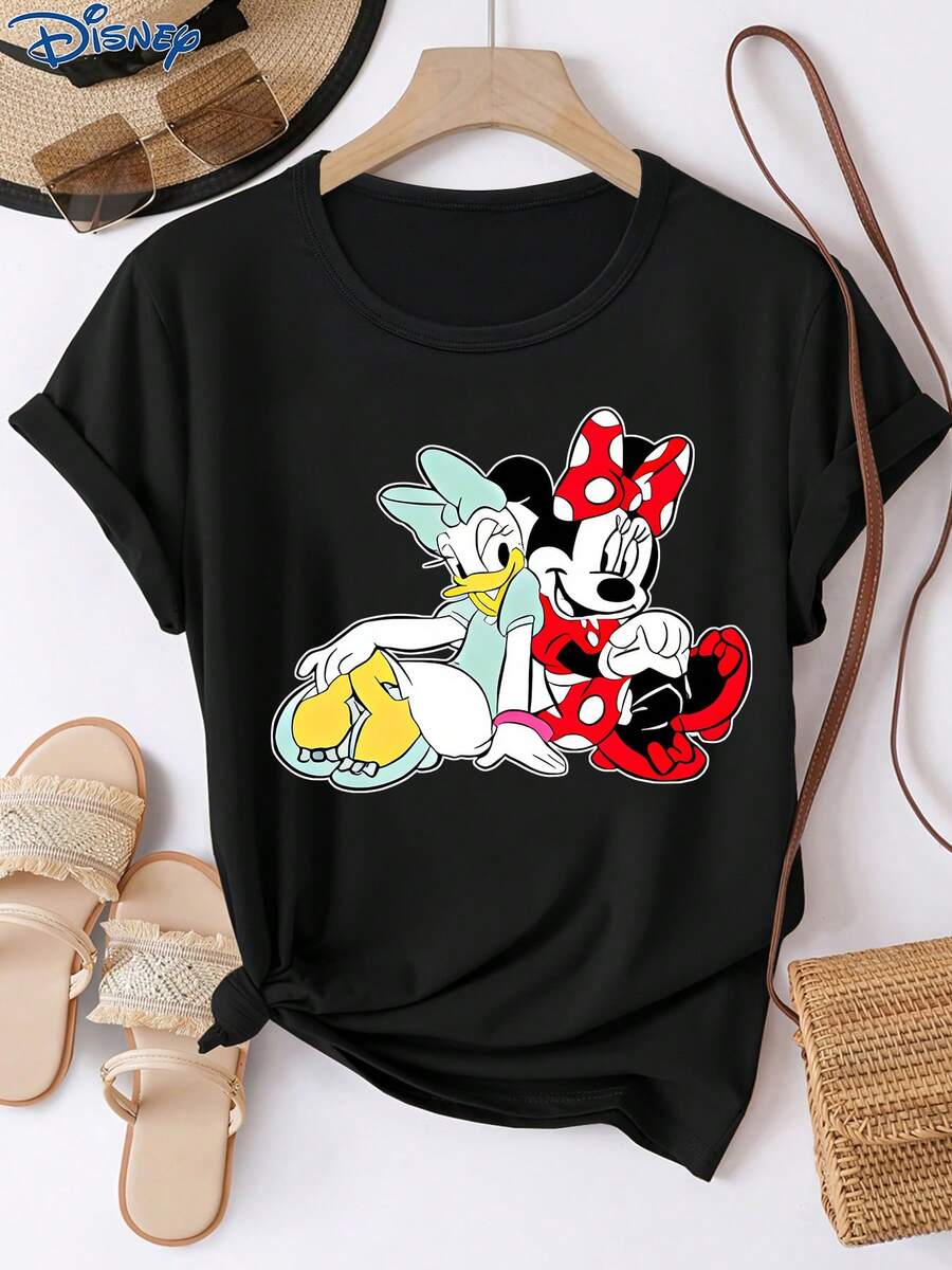 Disney 一件女士短袖T恤，米妮和黛丝鸭图案印花，圆领，弹力面料，易于打理，适合日常穿着，时尚女士短袖T恤，休闲服饰 - 黑色 - 查看 1