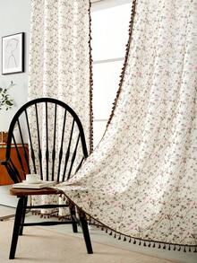 1pc Pink & Gray Floral Embroidered Sheer Boho Window Curtain, Living Room/Bedroom Lace Trim Voile Curtain, Moranji Color Soft Breeze Curtain, Delicate Edging Home Decor - Beige - View 4