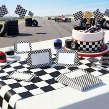 3.5 x 2.5 英寸折叠纸质赛车格子生日派对桌卡、食品标签、自助餐 - 黑白 - 查看 6