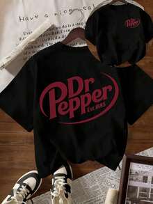 Retro Logo Vintage Soda Graphic Short Sleeve T-Shirt For Women, Casual Crew Neck, Suitable For All Seasons, Autumn/Winter    Relaxed Fit Short Sleeve Top, Women's Valentine's Day Heart Print Oversized Cotton T-Shirt,Streetwear Drop Shoulder T-Shirt - 黑色 - 查看 10
