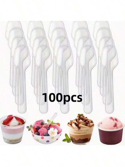 100个透明塑料迷你勺，适用于甜点、冰淇淋、果冻、布丁、酸奶品尝、开胃菜、家庭聚会、野餐、餐厅和厨房