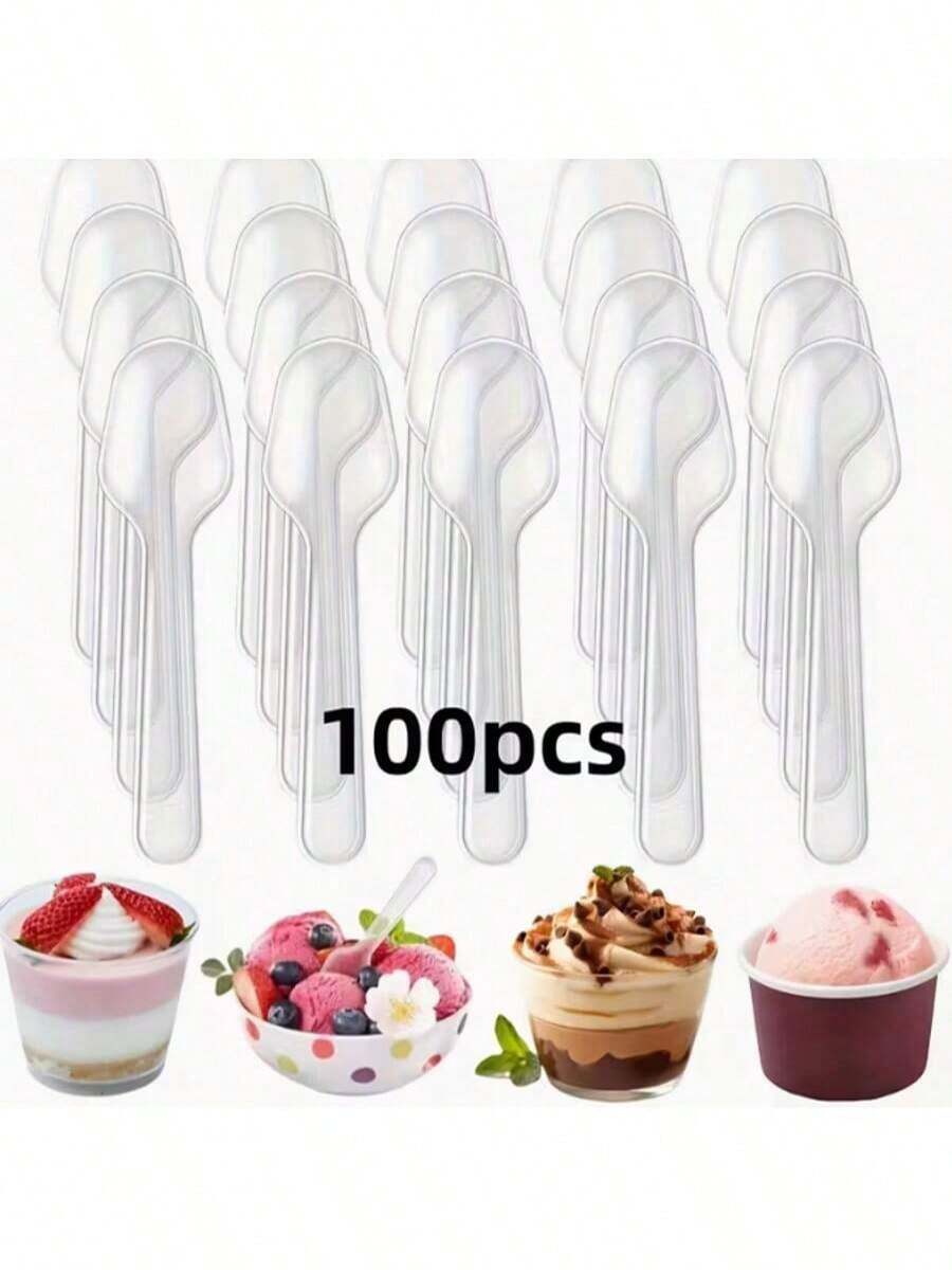 100个透明塑料迷你勺，适用于甜点、冰淇淋、果冻、布丁、酸奶品尝、开胃菜、家庭聚会、野餐、餐厅和厨房