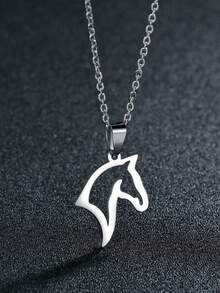 1件不锈钢马头吊坠项链，简约动物吊坠项链 - 銀色 - 查看 5