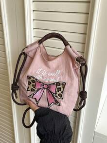 1pc Women's Handbag, Detachable Shoulder Strap, Multi-Color Nylon + Leopard Bow Embroidery + Drawstring Design, Nylon Material, Mini Tote Shoulder Crossbody, Drawstring Closure, Sweet & Cool Girl Style Bucket Bag, Suitable For Daily, Commute, Casual, Date - Multicolor - View 13