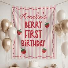 1pc Custom Birthday Banner, Custom Berry First Birthday Backdrop Banner, Strawberry Theme Party Decor - White - View 1