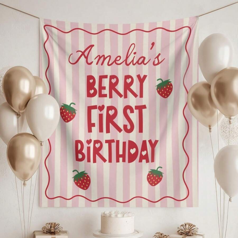 1pc Custom Birthday Banner, Custom Berry First Birthday Backdrop Banner, Strawberry Theme Party Decor - White - View 1