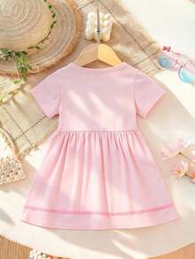 少女卡通印花短袖A字休闲连衣裙，日常穿着 - 粉色 - 查看 2