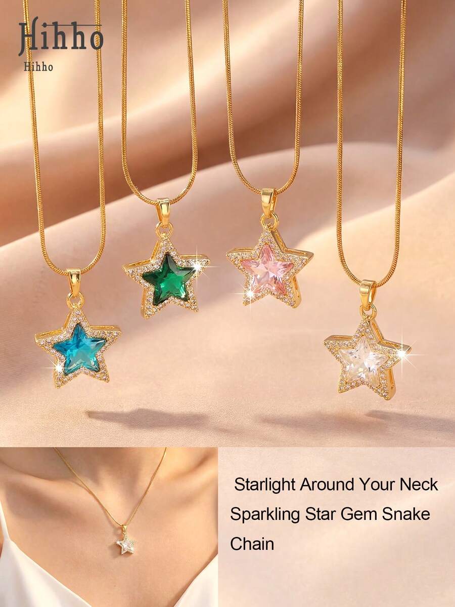 Hihho 1 chiếc vòng cổ hình ngôi sao năm cánh "Ước Nguyện Dưới Ánh Sao", đính đá Cubic Zirconia, thích hợp cho cả đi làm và hẹn hò. - Ngôi sao - Xem 1