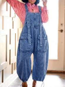 Women's Denim Multi-Pocket Baggy Jumpsuit Overalls: Wide-Leg Relaxed Fit With Drawstring Cuffs - Versatile For Daily Outings, Commute, Travel & Dates - Màu xanh lam - Xem 1