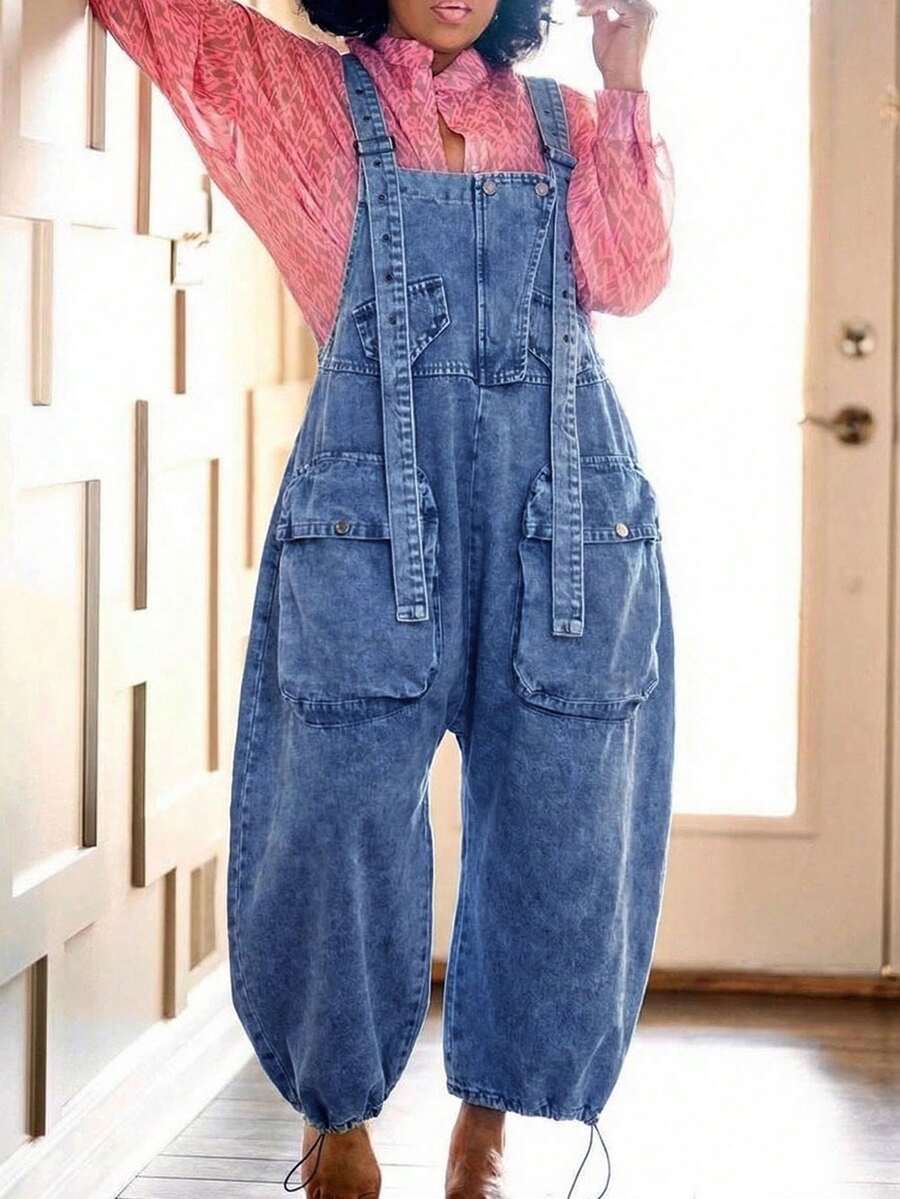 Women's Denim Multi-Pocket Baggy Jumpsuit Overalls: Wide-Leg Relaxed Fit With Drawstring Cuffs - Versatile For Daily Outings, Commute, Travel & Dates - Màu xanh lam - Xem 1