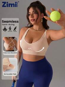 Zimi Collection Sujetador deportivo sin costuras de talla grande, de punto acanalado, con espalda cruzada, sin aros, con almohadilla extraíble, para gimnasio y actividades - Beis - Ver 6