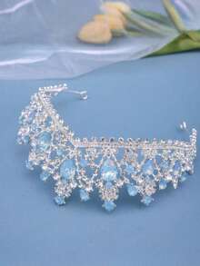1pc Silver Baroque Bridal Luxury Crown, Wedding Ball Party Rhinestone Headpiece - Baby Blue - View 2