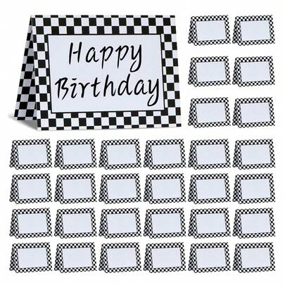3.5 x 2.5 英寸折叠纸质赛车格子生日派对桌卡、食品标签、自助餐
