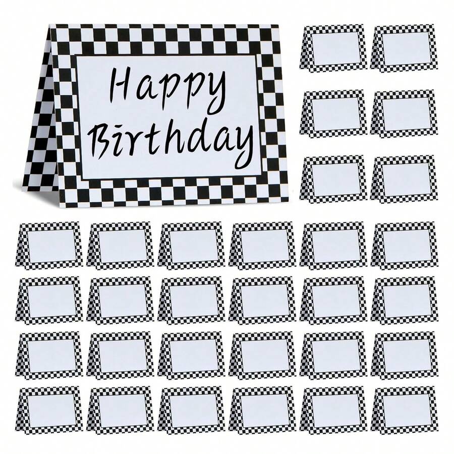 3.5 x 2.5 英寸折叠纸质赛车格子生日派对桌卡、食品标签、自助餐 - 黑白 - 查看 1