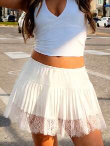 Women's Lace Mini Skirts Casual Low Waist Solid Color Loose Fit Pleated Skirts Summer A-Line Skirts Size Runs Large,Please Buy One Size Smaller - 白色 - 查看 6