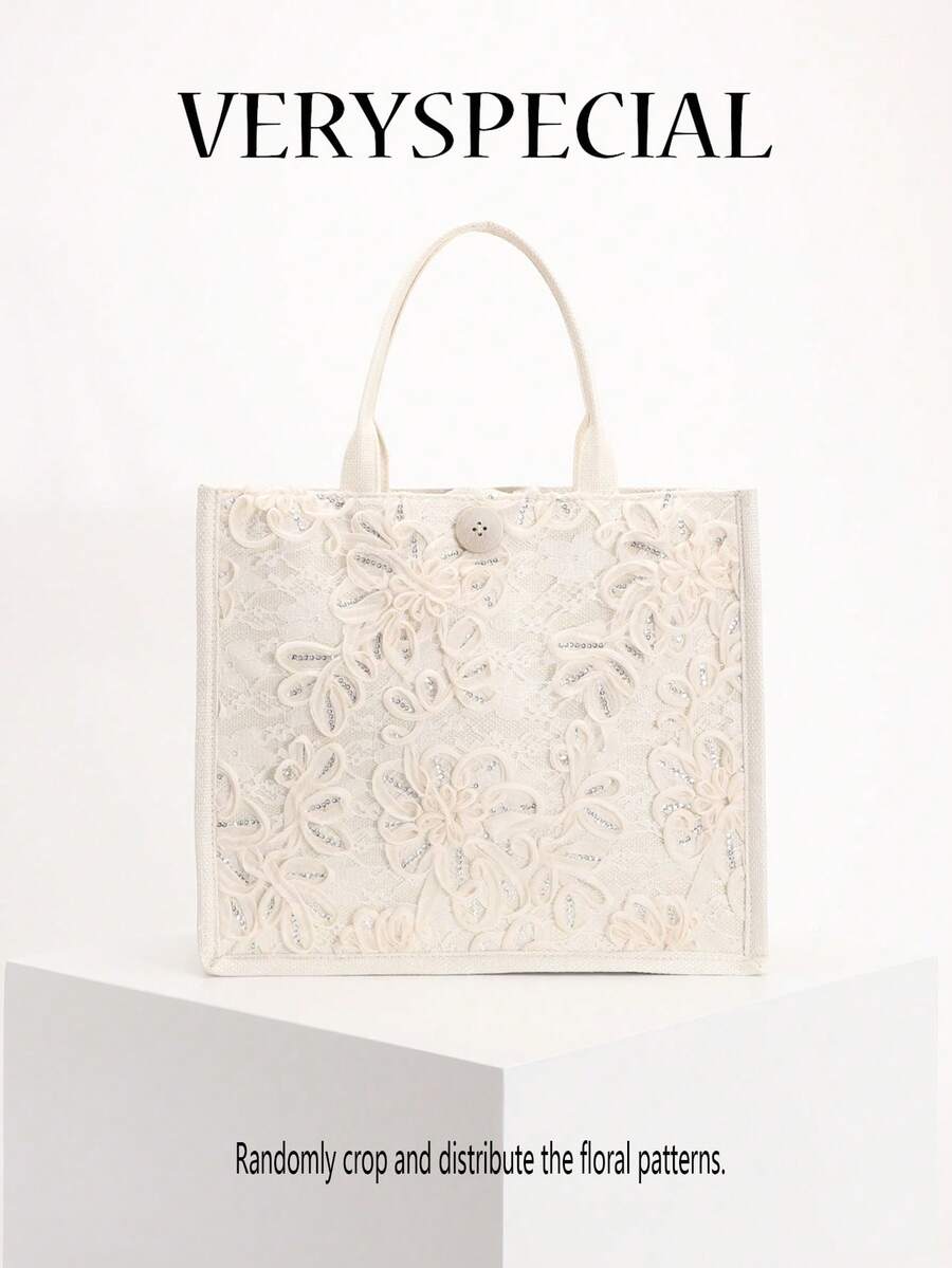 1pc Colorful Sequin & Mesh Patchwork Linen Tote Bag, Fashion Floral & Leaf Embroidery Design, Large Capacity Square Shoulder Bag, Casual Vacation Style Shopping Bag (Floral Pattern Randomly Distributed)