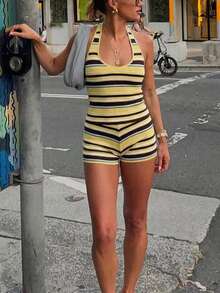 Spring/Summer Y2K Color Block Striped Knit 2-Piece Set, Halter Neck Cropped Top & High-Waisted Hip-Hugging Shorts, Slim Fit, Suitable For Dating And Daily Wear - Multicolor - View 6
