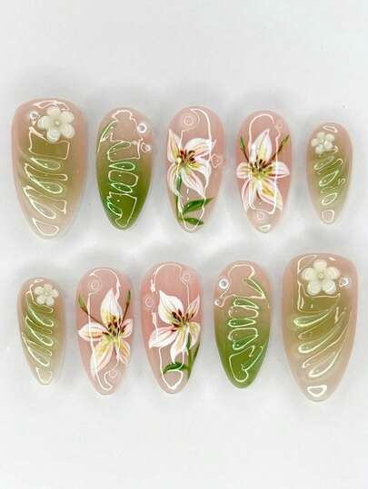 30Pcs Green Gradient Lily Floral Press On Nails, Almond Shape Fake Nails With Hand-Painted Lily & 3D Flower Designs, Glossy Full Cover False Nails With Pearl Accents For Women & Girls, Spring Acrylic Nails For Daily & Holiday Wear