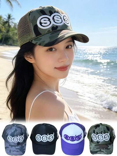 1pc Breathable Mesh Sunscreen Hat, Letter Embroidery Curved Brim Baseball Cap, Unisex Summer