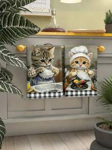 2pcs Cat Pattern Dish Towels, Bathroom Decor, Kitchen Towels, Kitchen Towel Set, Home Decor Cat Tea Towels, Kitchen Supplies, Cleaning Supplies, Kitchen Accessories, Kitchen Storage, Rustic Spring Decor - Kitten - View 3