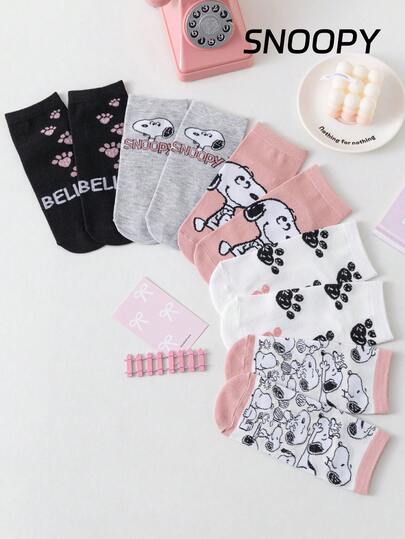  10/5 Pairs Genuine SNOOPY Pattern Women's Short Socks, Sporty Boat Socks, Cute Cartoon Design, Breathable & Moisture-Wicking, Casual, Suitable For Students/Adults, Gifts & Daily Wear