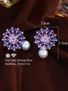1 Đôi bông tai ngọc trai hình hoa lớn đính đá Cubic Zirconia màu hồng và tím sang trọng, thích hợp cho nữ, phụ kiện trang sức dự tiệc đính hôn. - Hồng - Xem 3