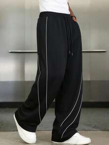 American Streetwear Style Drawstring Wide Leg Pants, Loose Straight Casual Knit Trousers With Side Contrast Stripes - Black - View 2