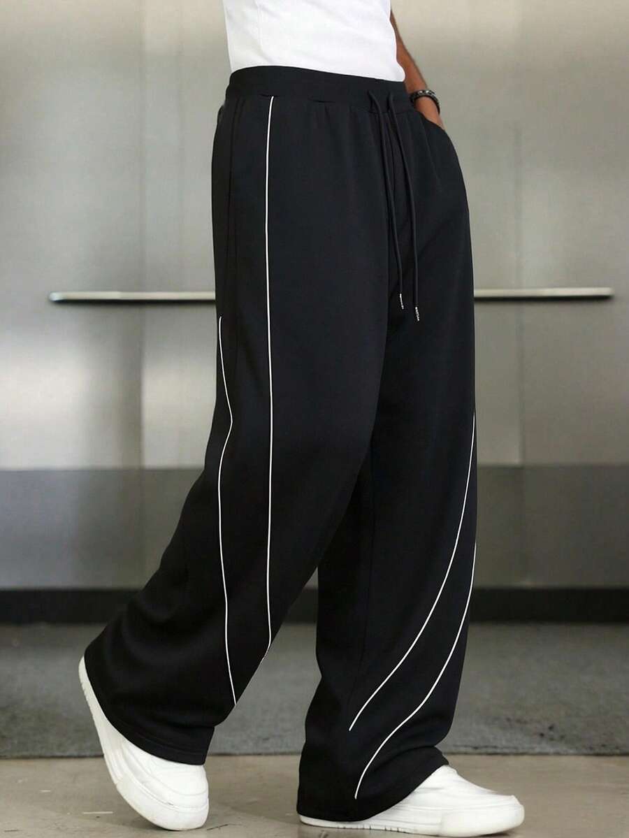 美式街头风抽绳阔腿裤，宽松直筒休闲针织长裤，侧边撞色条纹 - 黑色 - 查看 1