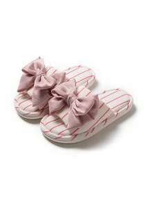 Women's Velvet Bow Decor Elegant Contrast Color Linen Striped Indoor Slippers, Suitable For Summer Home Wear, Eid/Mother's Day Gift - Pink - View 9