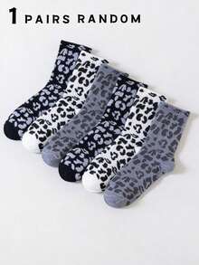 6 Pairs Women's Leopard Print Mid-Calf Socks, Black White Gray, Fashionable Minimalist Unique Retro Streetwear Design, Suitable For Casual Outfits - Multicolor - View 13