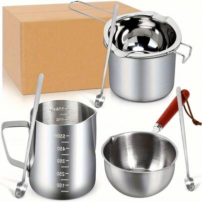 Nồi nấu sáp bằng thép không gỉ, 3 loại nồi nấu sáp làm nến - Có thìa, tay cầm chống bỏng, chịu nhiệt cao, dùng để làm và rót nến từ sáp đậu nành, sáp ong và nhiều loại sáp khác!